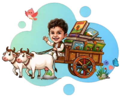 Happy child riding a book cart pulled by two cows
